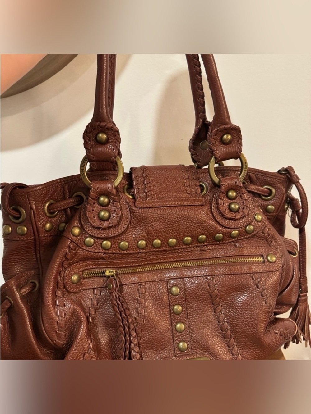 Isabella Fiore Brown Leather Shoulder Bag with Decorative Studs - Picture 2 of 8